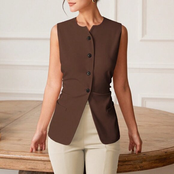 Black Elegant Women's Ladies' Solid Color Sleeveless Suit Vest - Picture 8 of 8